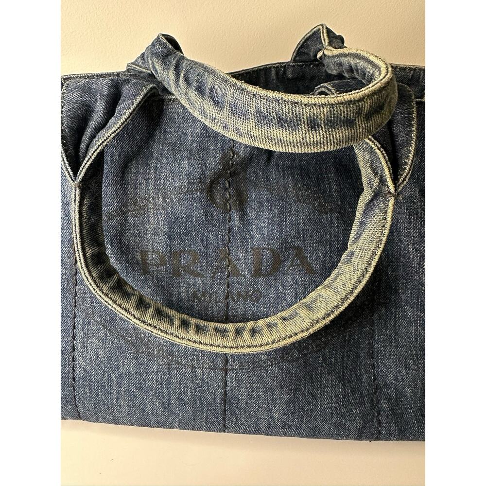 PRADA Denim Tote Bag Shopper Triangle Logo Handbag Shoulder Bag - Picture 6 of 16